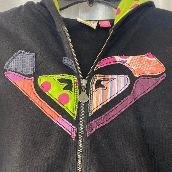 Roxy Appliquéd Hoodie black zip lined women sz M - Picture 2 of 7